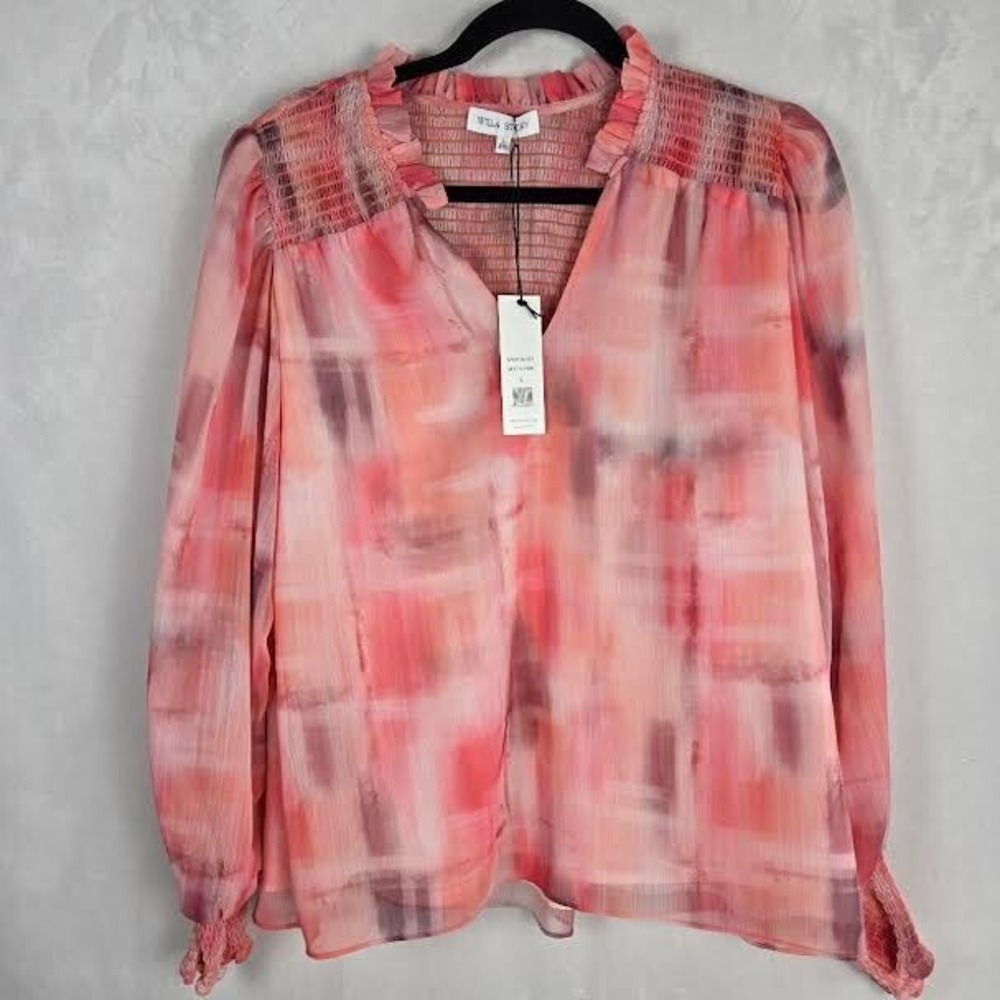 Willa Story Split Neck Smocked Cuff Long Sleeve Blouse Top Womens L NWT Made USA